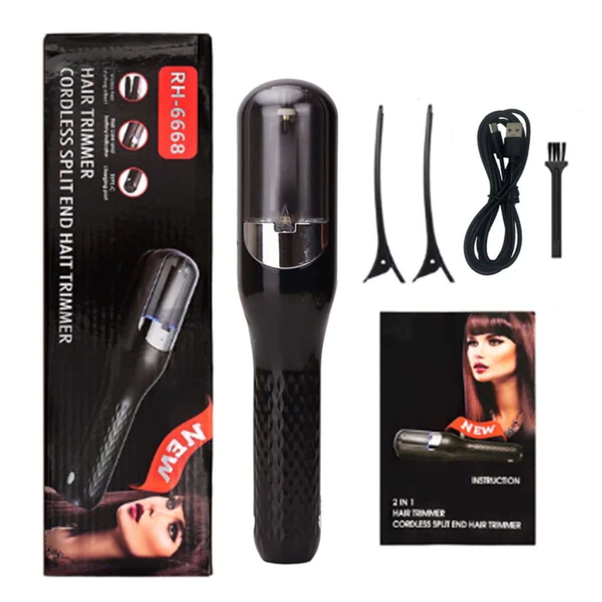Black cordless split end hair trimmer with a charging cable and clipper head shown next to packaging.