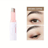 A tube of brown coffee eyeshadow stick with a beige applicator shown next to close-up eye makeup examples.