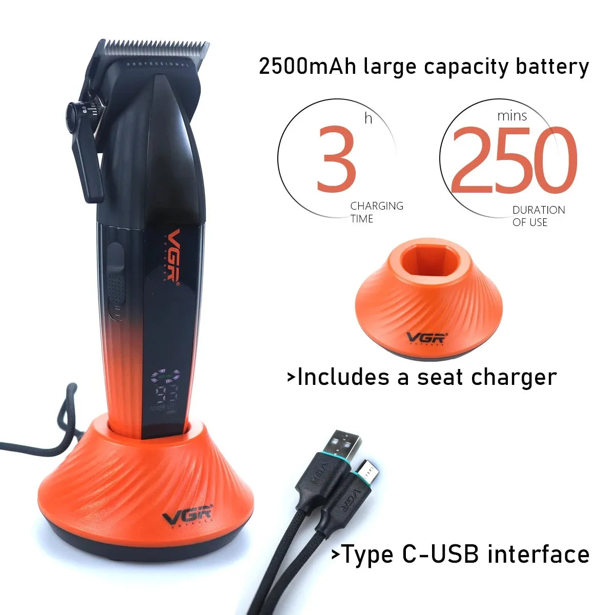 An orange and black VGR cordless hair trimmer with a seat charger and Type C-USB interface.