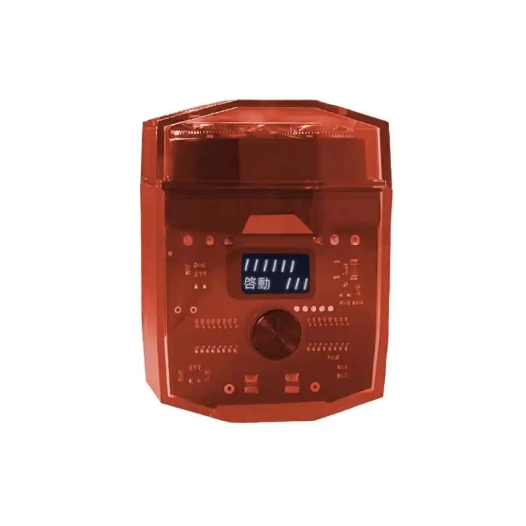 A reddish-orange portable magnetic electric shaver for men with a rectangular body and control panel.