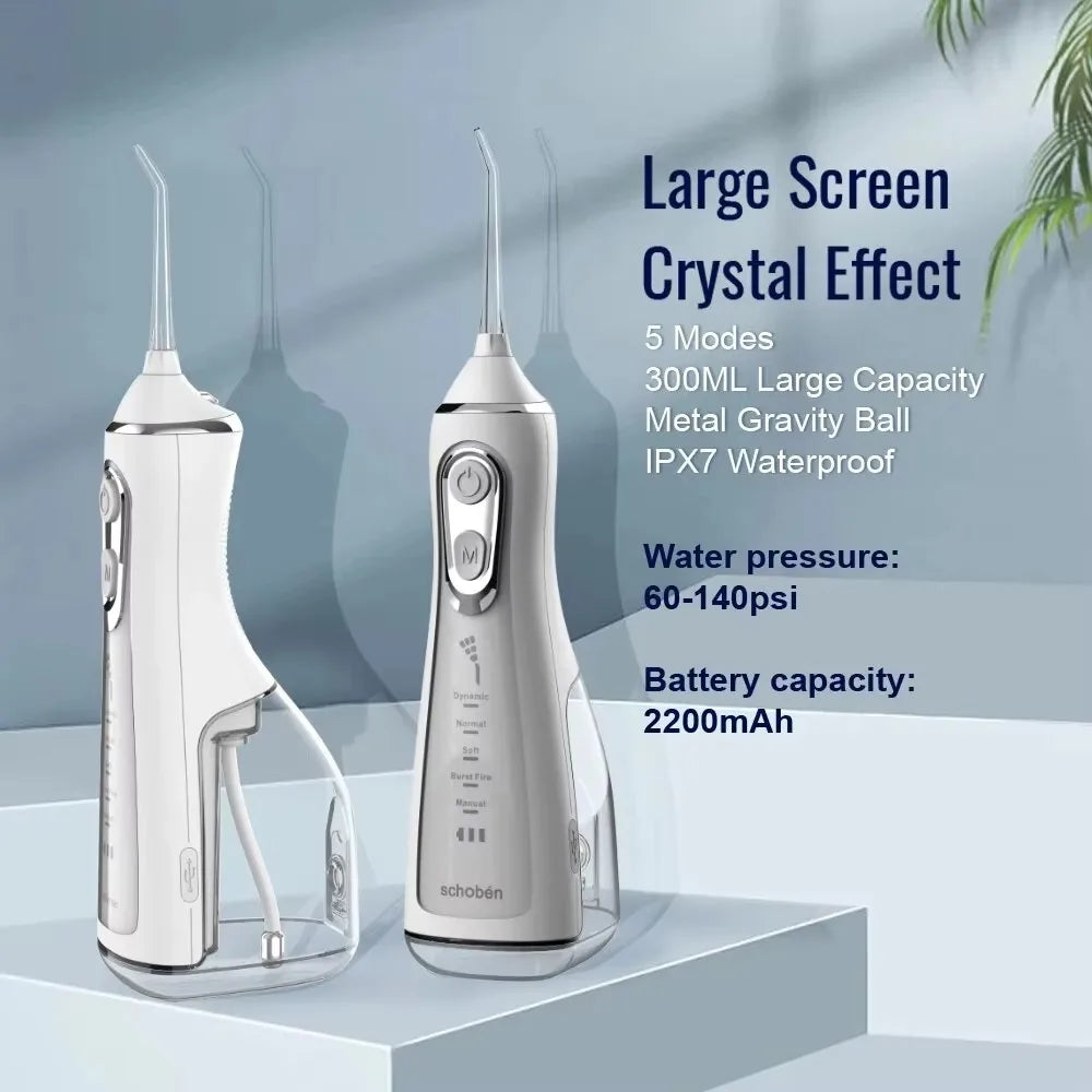 A white portable oral irrigator device with a large screen and crystal effect is shown on a light gray surface.