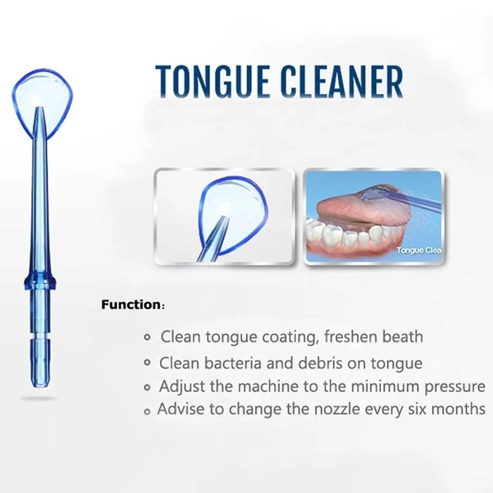 A silicone tongue cleaner tool with a narrow tip is shown next to an illustration of its function.