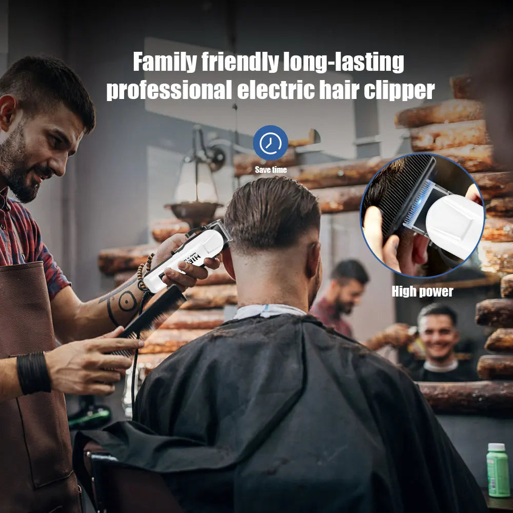 A man is using a professional electric hair clipper on a customer in a salon setting.
