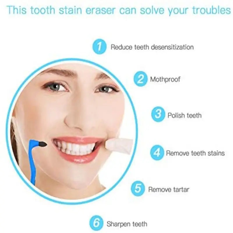 Diagram showing six steps for using a tooth stain eraser to reduce sensitivity, polish teeth, remove stains and tartar, and s