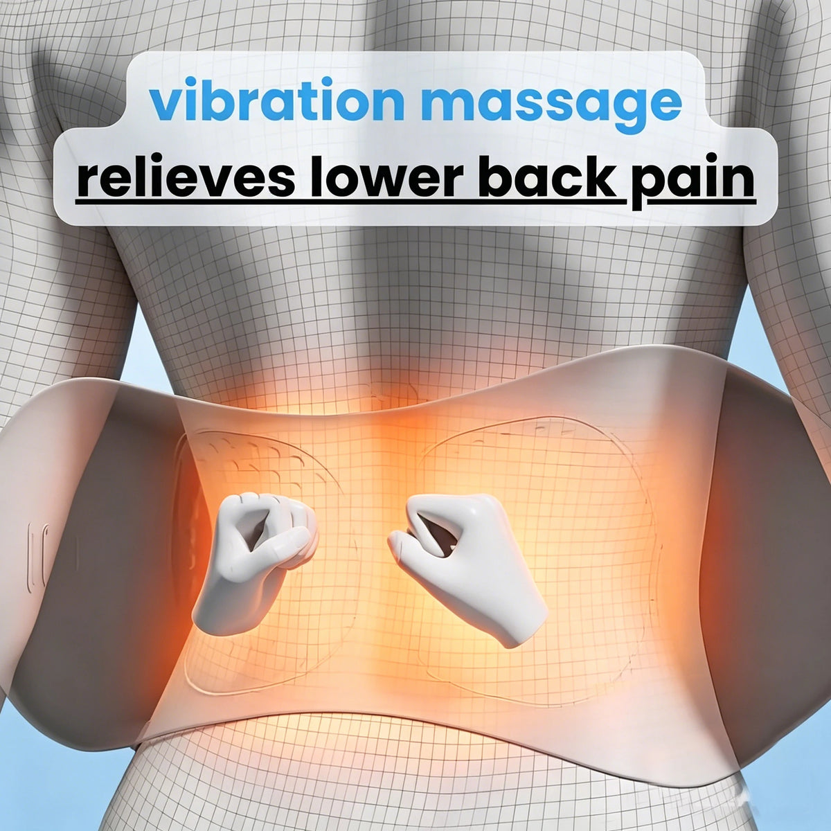 A white electric lumbar support massage pillow is shown applying vibration massage to the lower back area of a person.