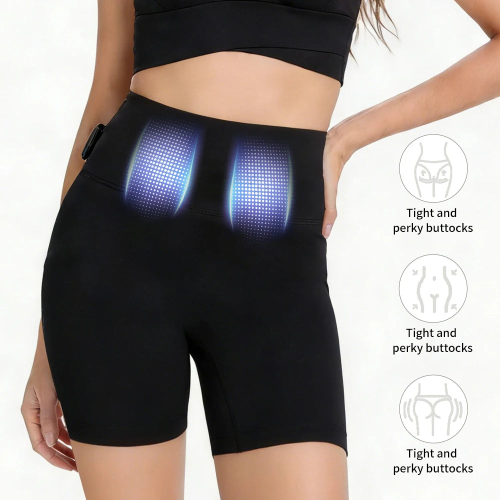 A woman wearing black EMS body shaper yoga pants, highlighting the tight and perky buttocks area.