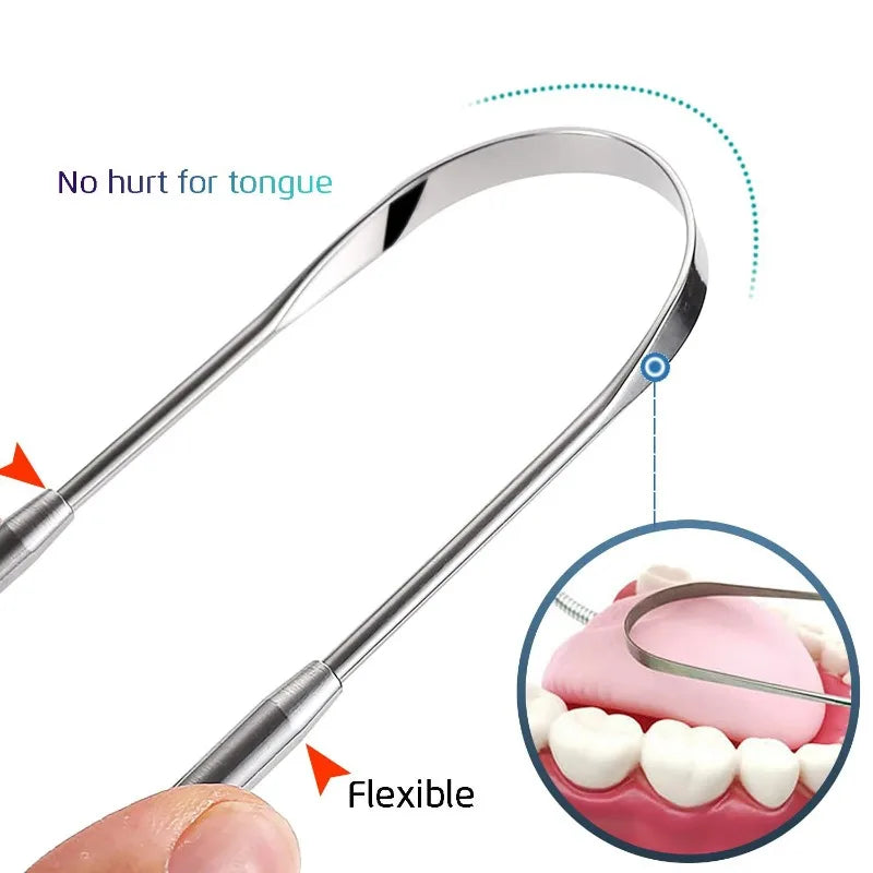 A stainless steel tongue scraper is shown with a flexible design and used for oral hygiene.