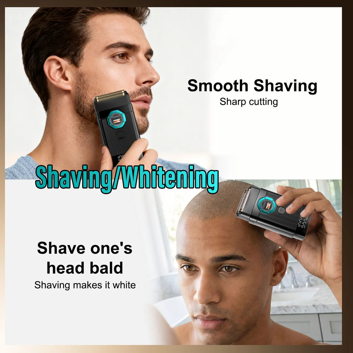 A man is using an electric shaver to achieve smooth shaving and whitening on his face and head.