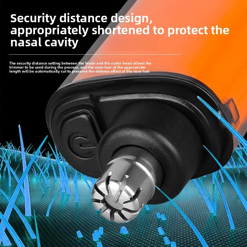 A close-up view of a black nose hair trimmer with a silver tip, demonstrating a security distance design.