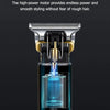 A close-up view of a professional rechargeable hair clipper with a metal guard and blue light display.