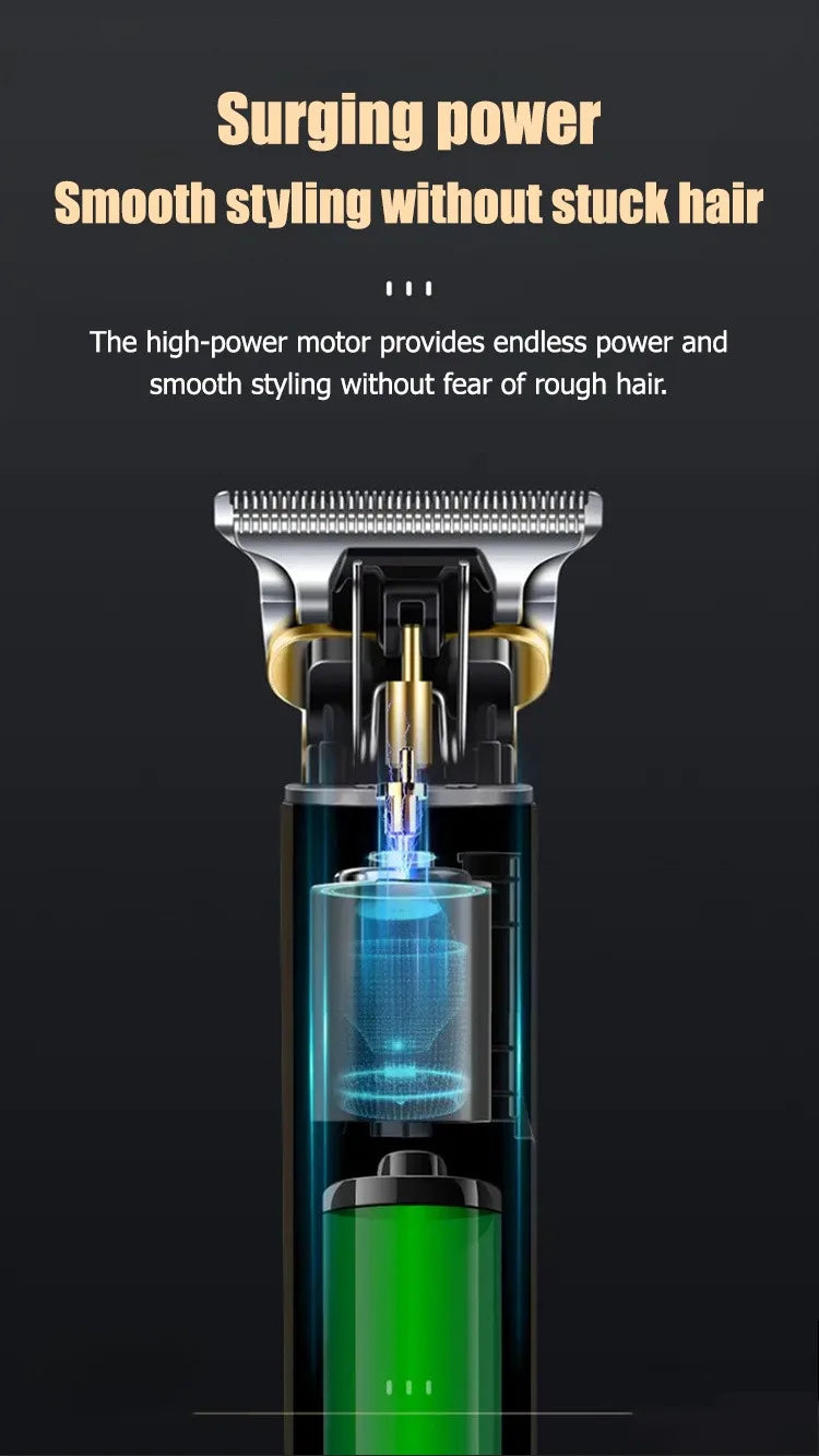 A close-up view of a professional rechargeable hair clipper with a metal guard and blue light display.