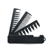 Peigne multifonction pliable noir à plusieurs dents et base rectangulaire.