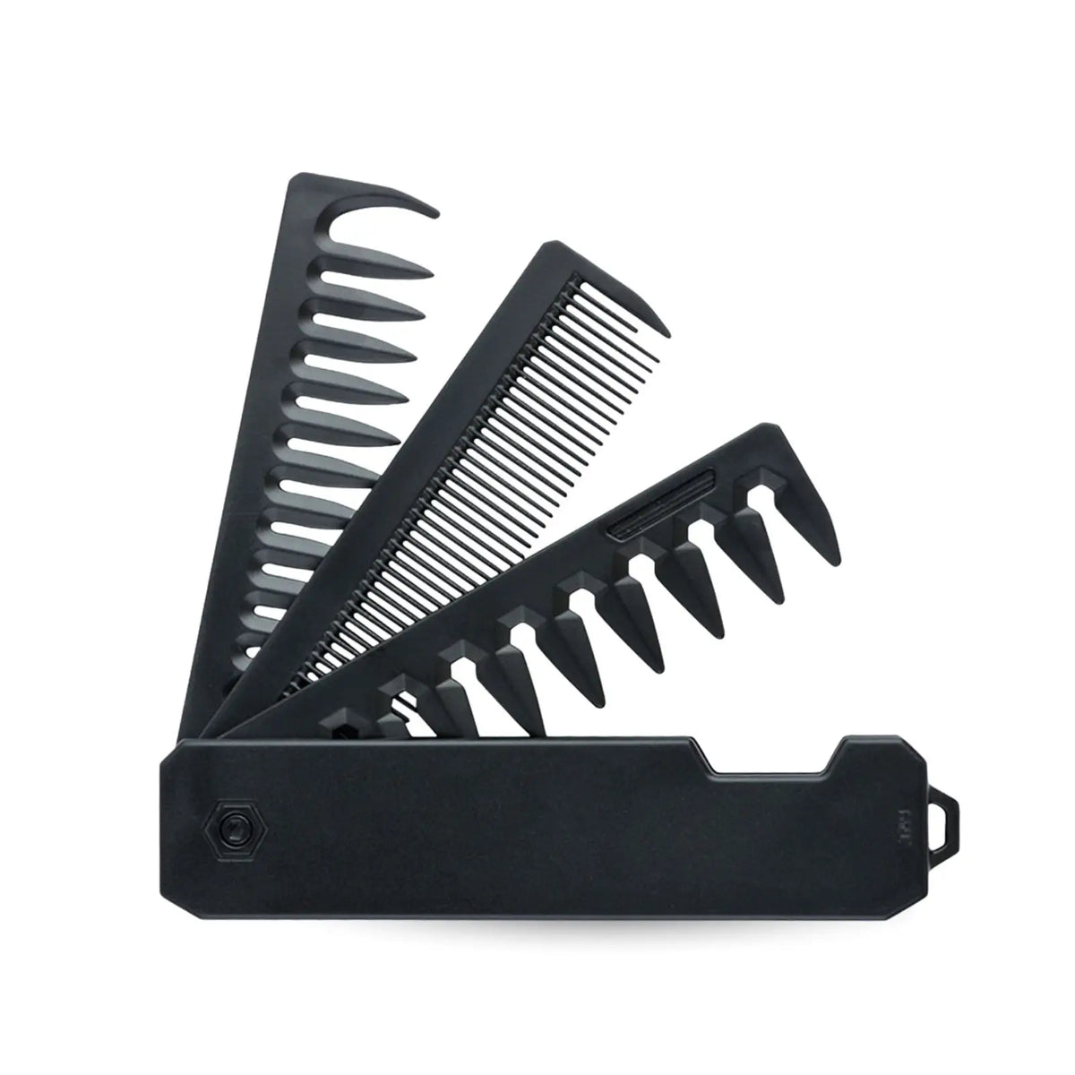 Peigne multifonction pliable noir à plusieurs dents et base rectangulaire.
