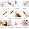 A series of steps showing how to use a 3-in-1 acrylic nail kit for applying nails and using glitter powders.