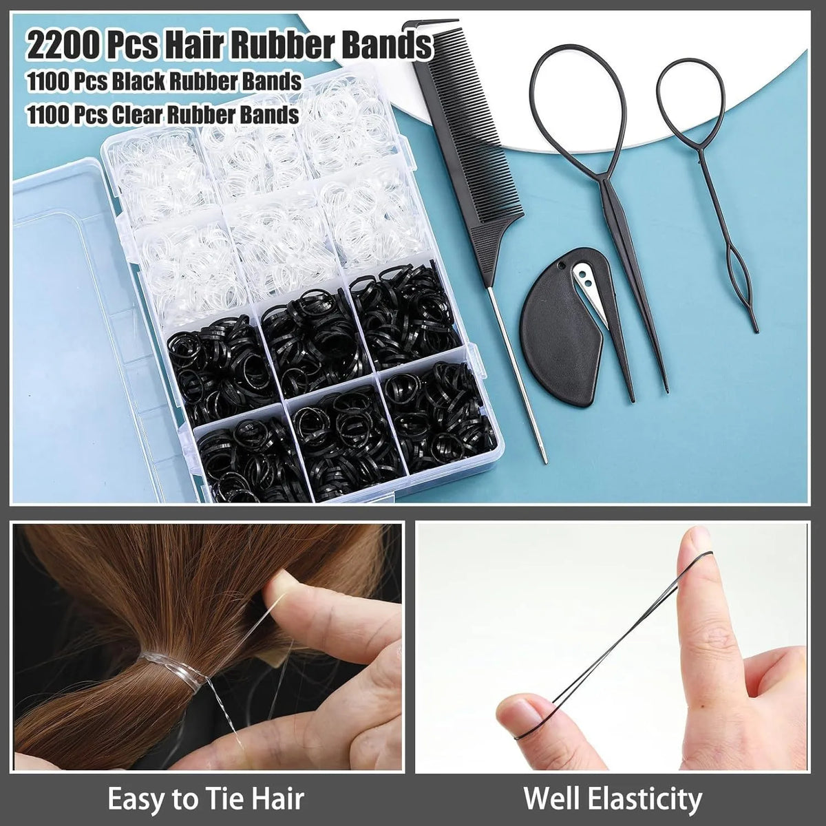 Pack of 2200 pcs black hair rubber bands and clear rubber bands for hair styling
