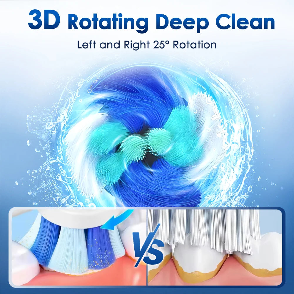 3D rotating deep clean electric toothbrush with blue and teal replacement heads shown in action