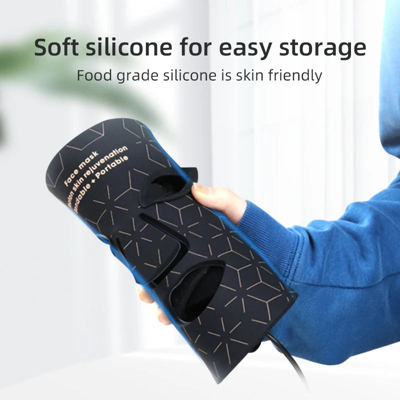 A hand holds a black silicone face mask designed for skin rejuvenation and storage.