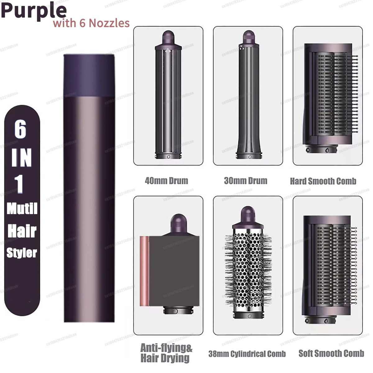 Peineador multiherramienta morado de 6 en 1 con seis cepillos y herramientas de estilizado.