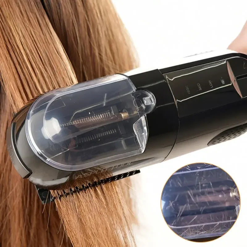 A professional dry hair trimmer is shown being used on brown hair, with a close-up view of the device's blade.