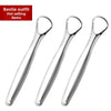 Stainless steel tongue scraper tool shown in a close-up view