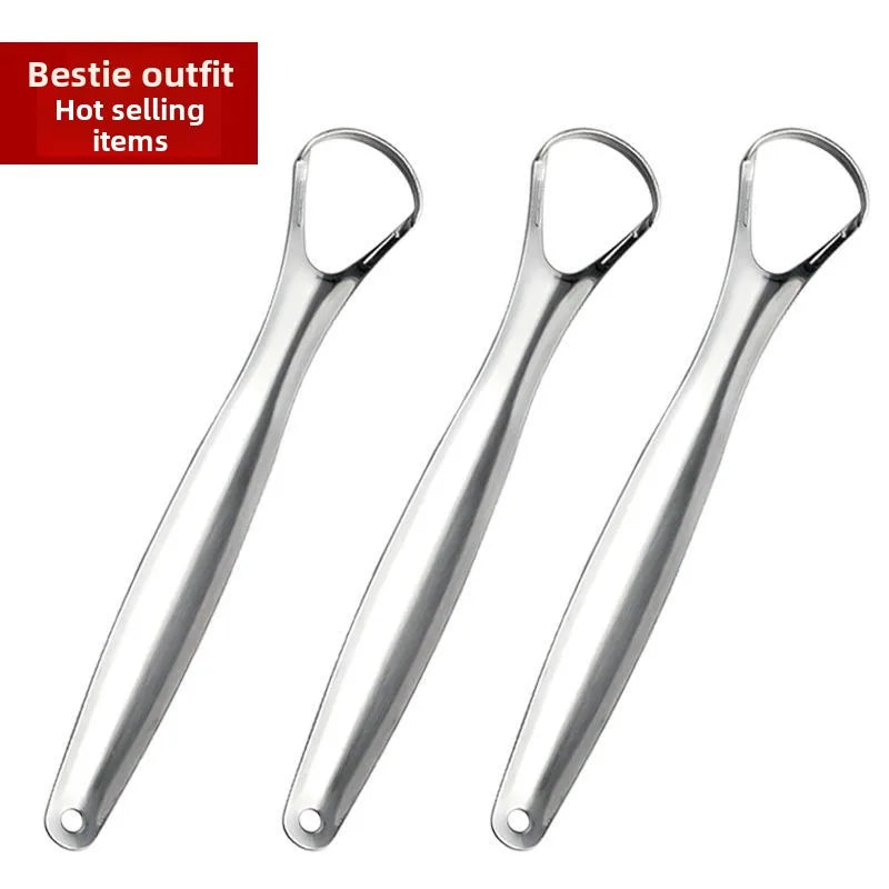 Stainless steel tongue scraper tool shown in a close-up view