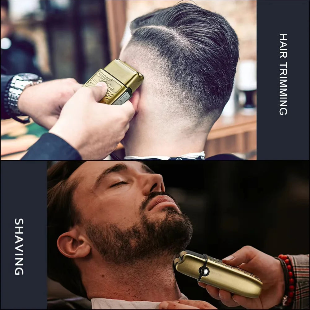 A man is using a professional electric shaver on his face during a grooming session.
