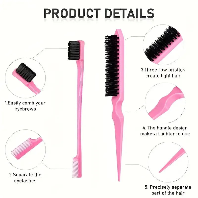 Pink hair styling tool kit featuring a comb and brush for combing eyebrows, separating eyelashes, and parting hair.