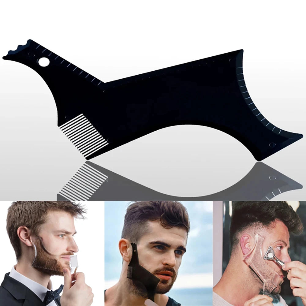 A professional beard shaping ruler and styling comb set shown with various grooming applications.