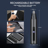 A black rechargeable electric nose hair trimmer shown in various contexts, including a hand holding it and next to a smartpho