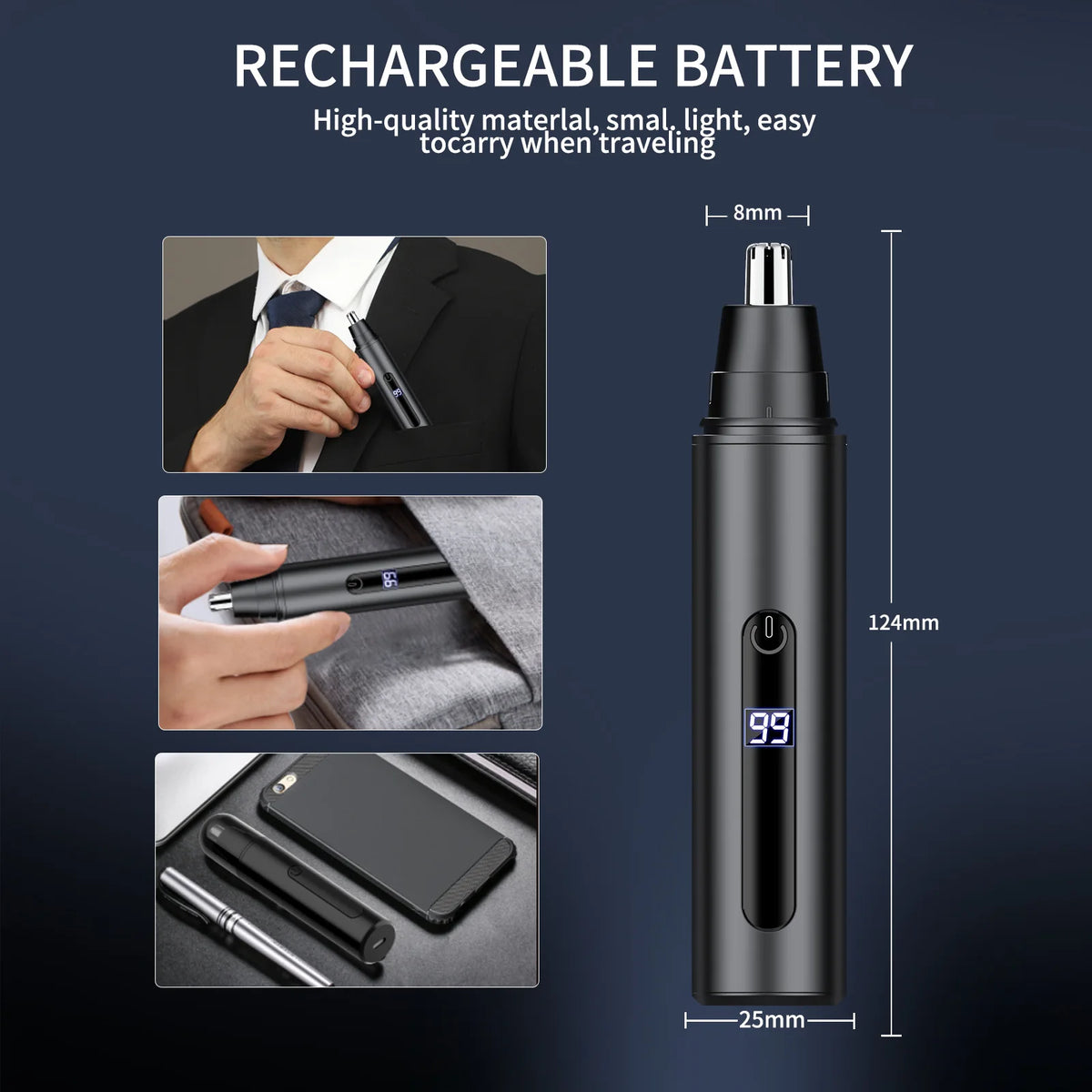A black rechargeable electric nose hair trimmer shown in various contexts, including a hand holding it and next to a smartpho