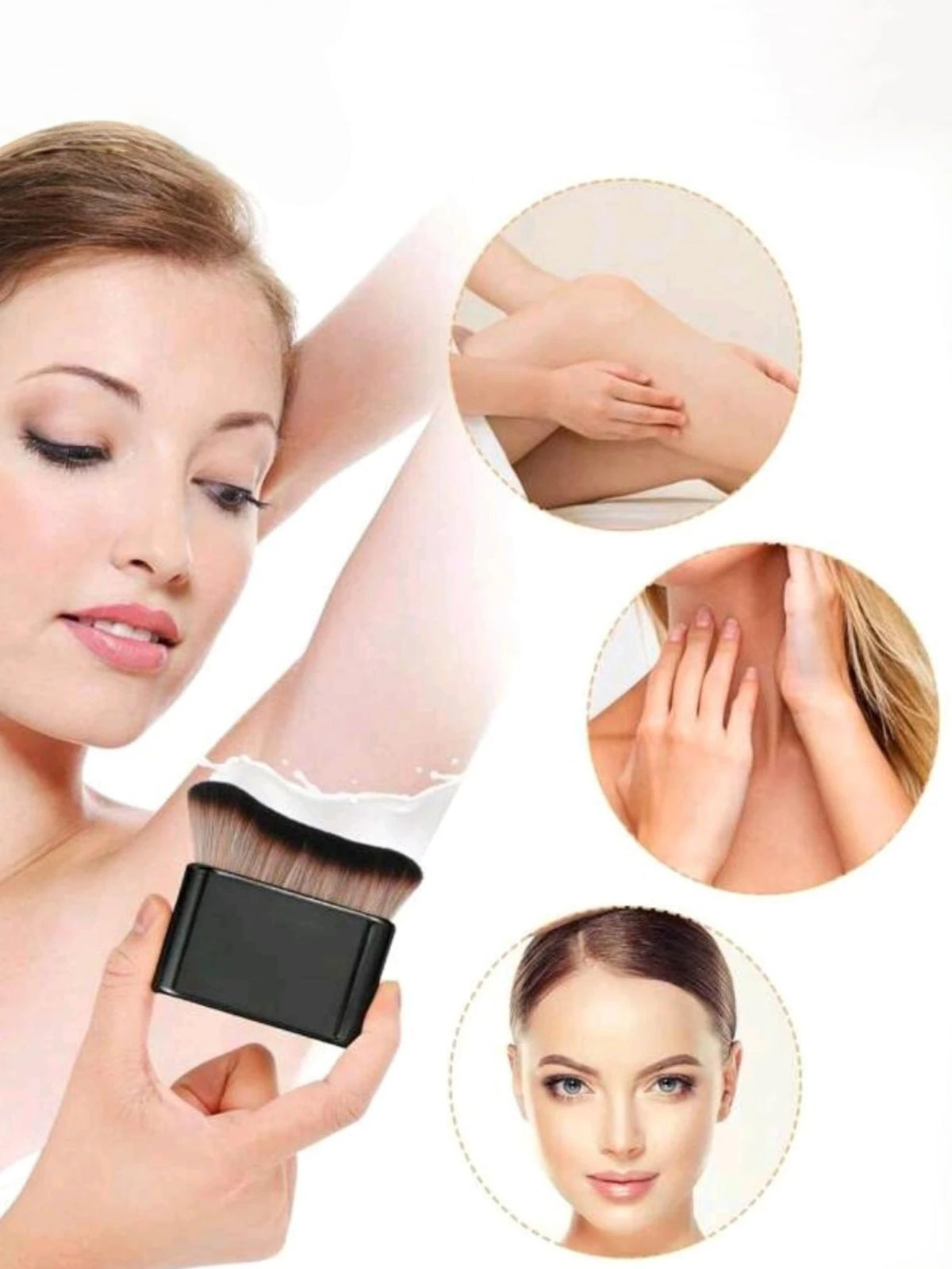 Une femme utilise un set de pinceaux de maquillage polyvalents rose gold, avec des gros plans sur le pinceau et l'application