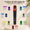 A black multi-color microcurrent face massager with seven different LED light colors displayed around it.