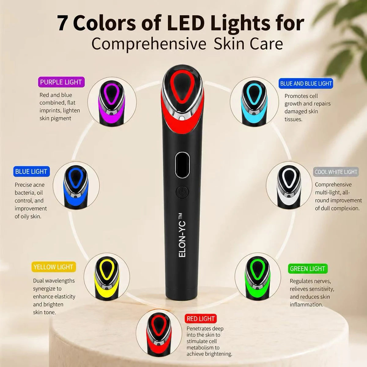 A black multi-color microcurrent face massager with seven different LED light colors displayed around it.