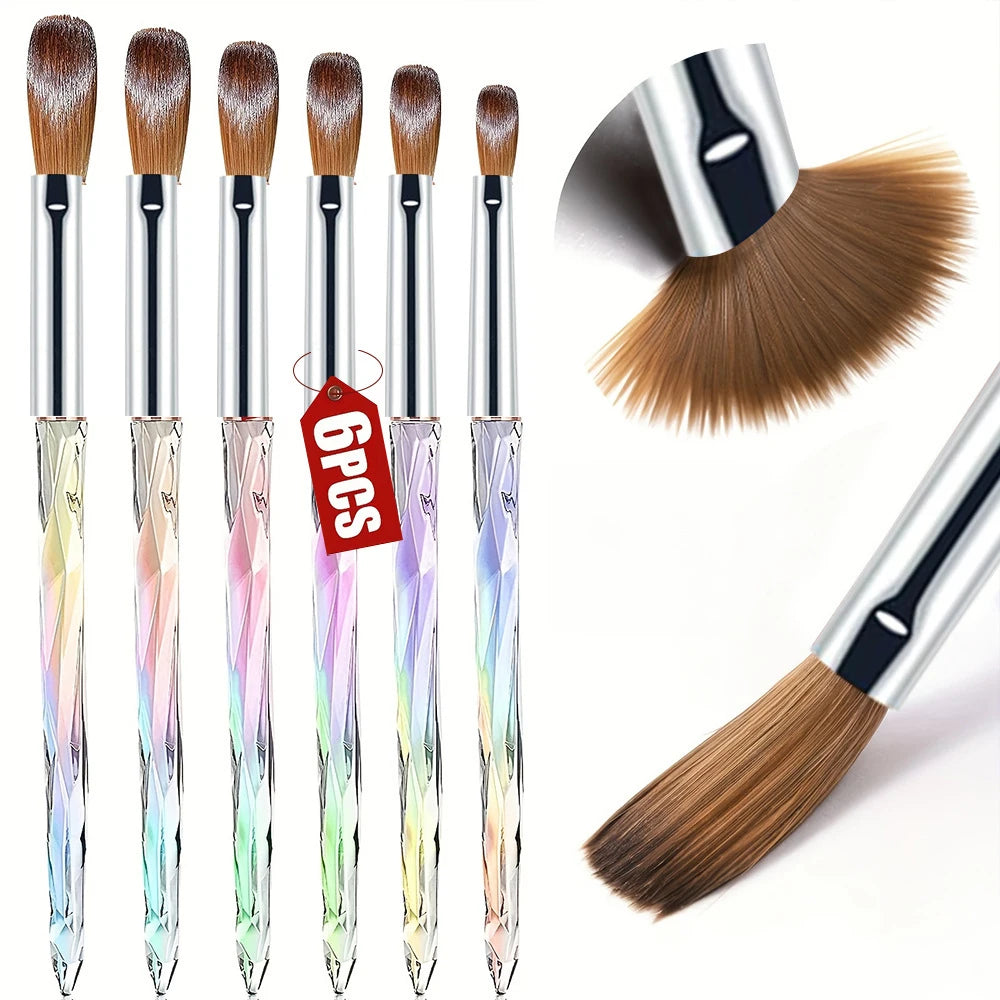 A set of six acrylic nail brushes featuring various shades of brown and iridescent colors for professional nail art