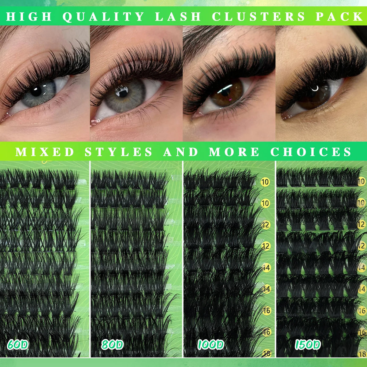 A collection of high quality lash clusters in various styles and lengths for DIY eyelash extensions.