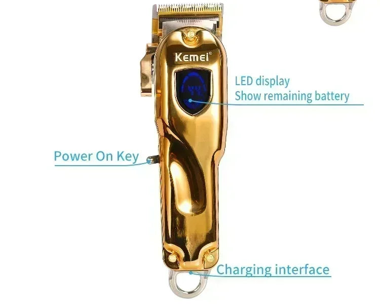 A gold-colored Kemel electric hair clipper with a display and charging interface.