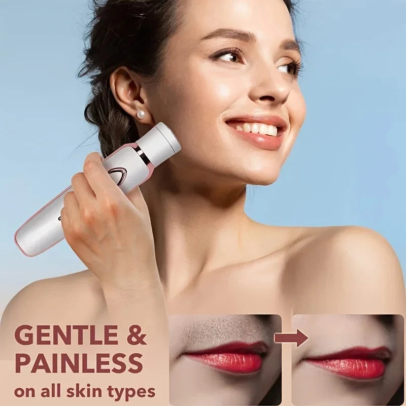 A woman is using a handheld electric device for hair removal on her face, demonstrating gentle and painless results.