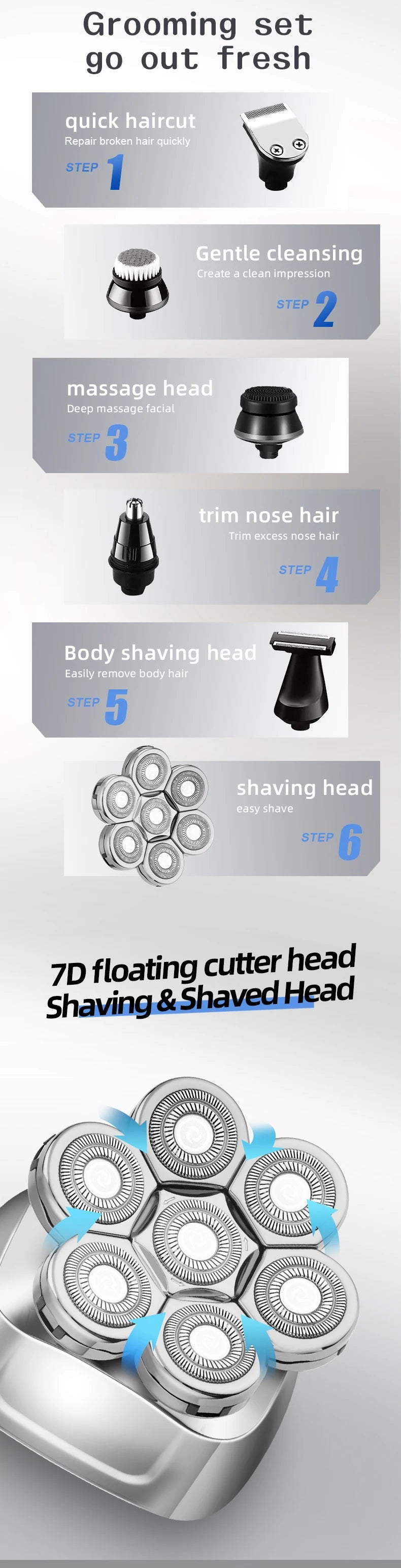 A close-up view of a silver electric shaver head with multiple rotating blades inside a charging case.