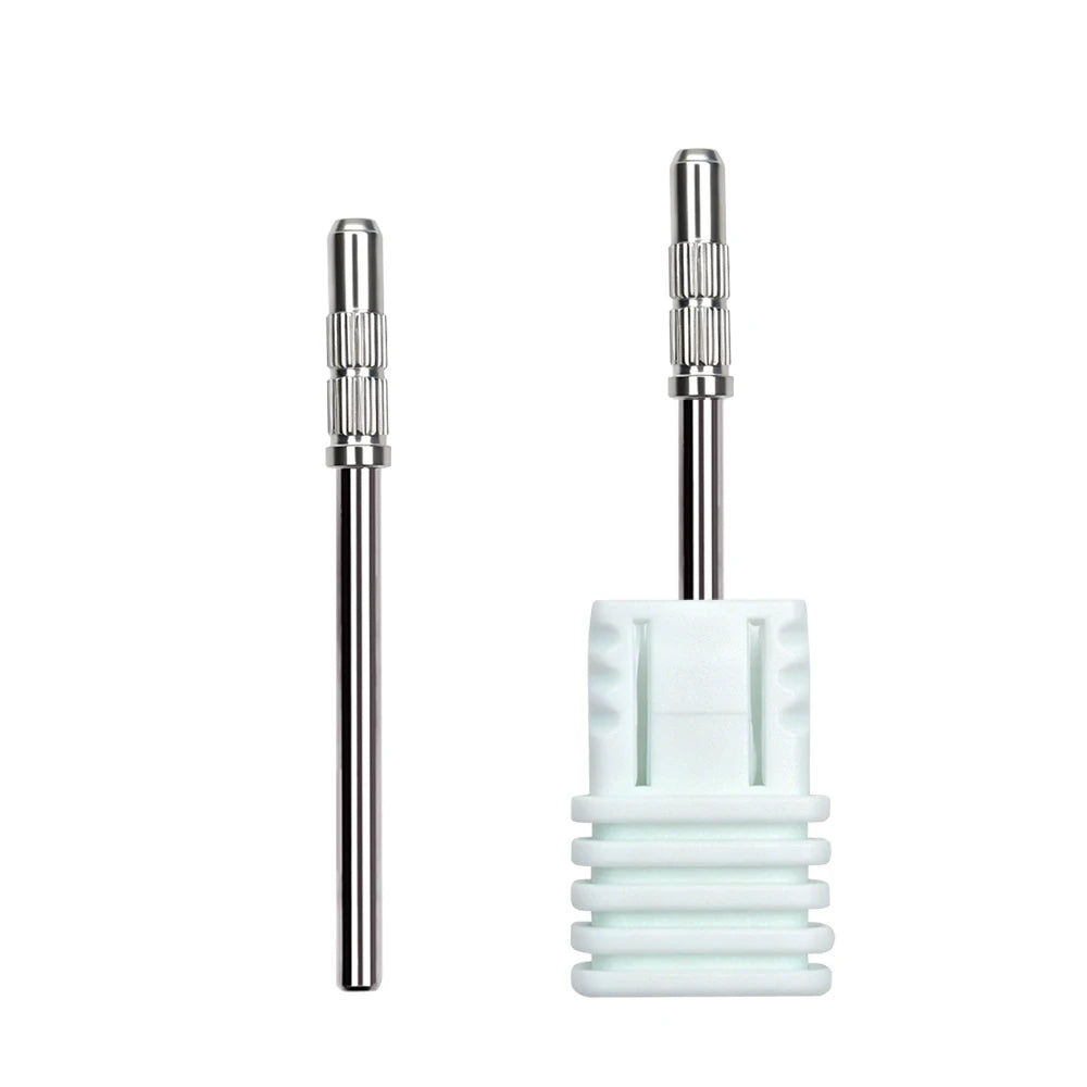 A silver nail drill sanding band with a threaded end and a white plastic mandrel attachment.