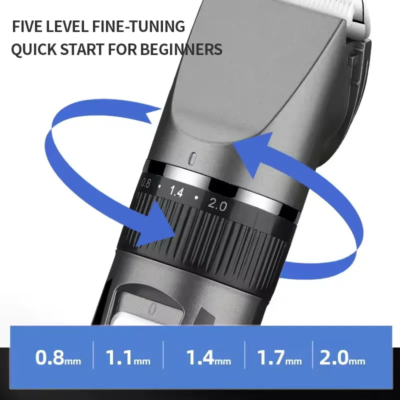Close-up view of a professional electric hair clipper with five level fine-tuning settings and a measurement scale.