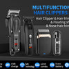 A multifunctional hair clippers kit showing a hair clipper, hair trimmer, floating shaver, and nose hair trimmer on a dark ba