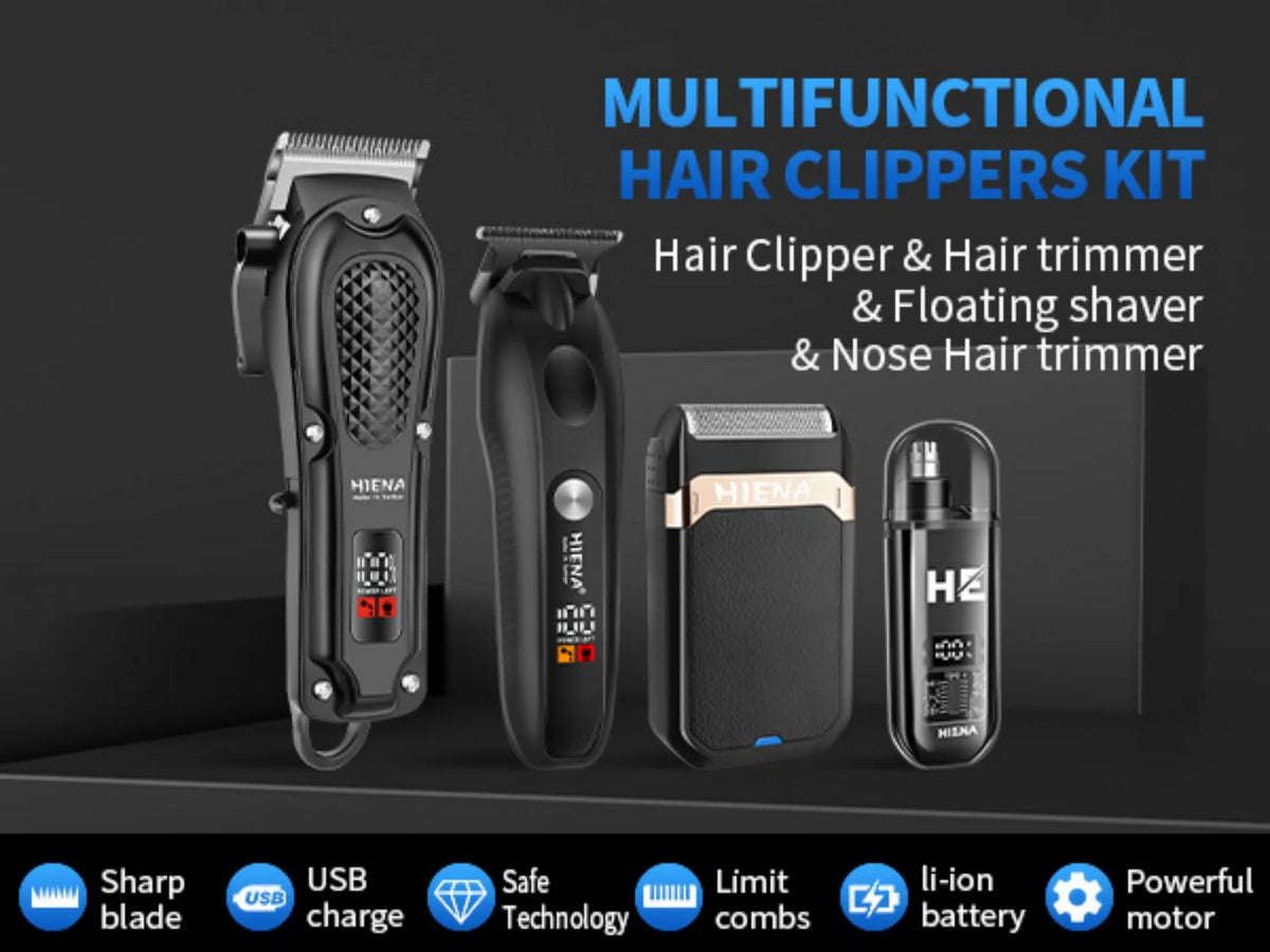 A multifunctional hair clippers kit showing a hair clipper, hair trimmer, floating shaver, and nose hair trimmer on a dark ba