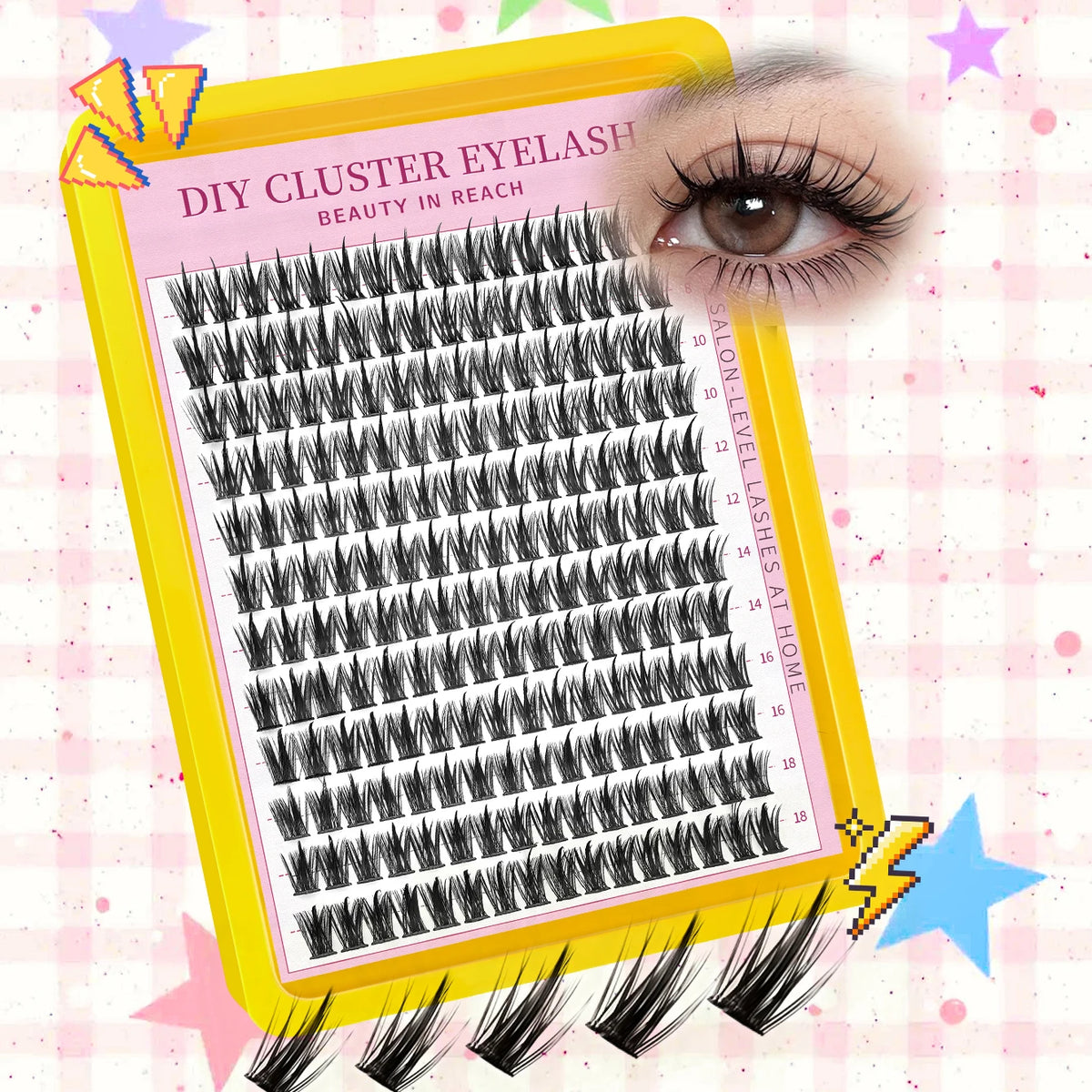 A yellow box of 192-piece faux mink cluster eyelashes is shown with a swatch grid and a close-up of an eye.