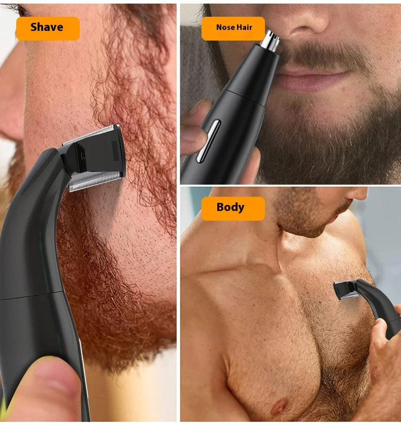 A black electric trimmer is shown being used for shaving facial hair and body grooming.