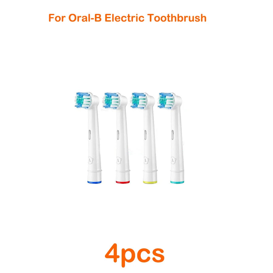 Four replacement brush heads for an Oral-B electric toothbrush.