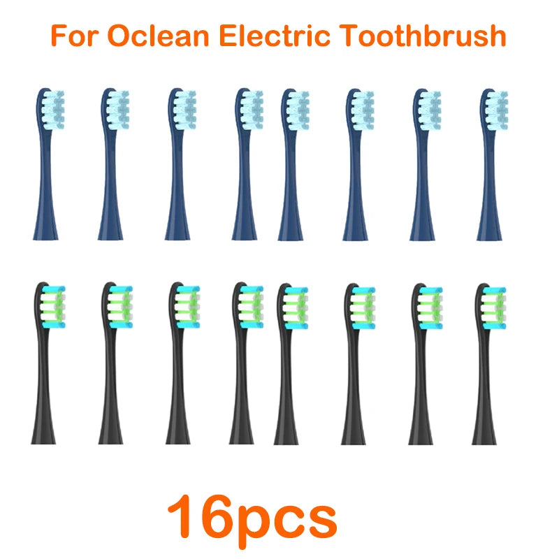 A set of 16 replacement brush heads for an Ocean electric toothbrush, shown in various colors and shapes.