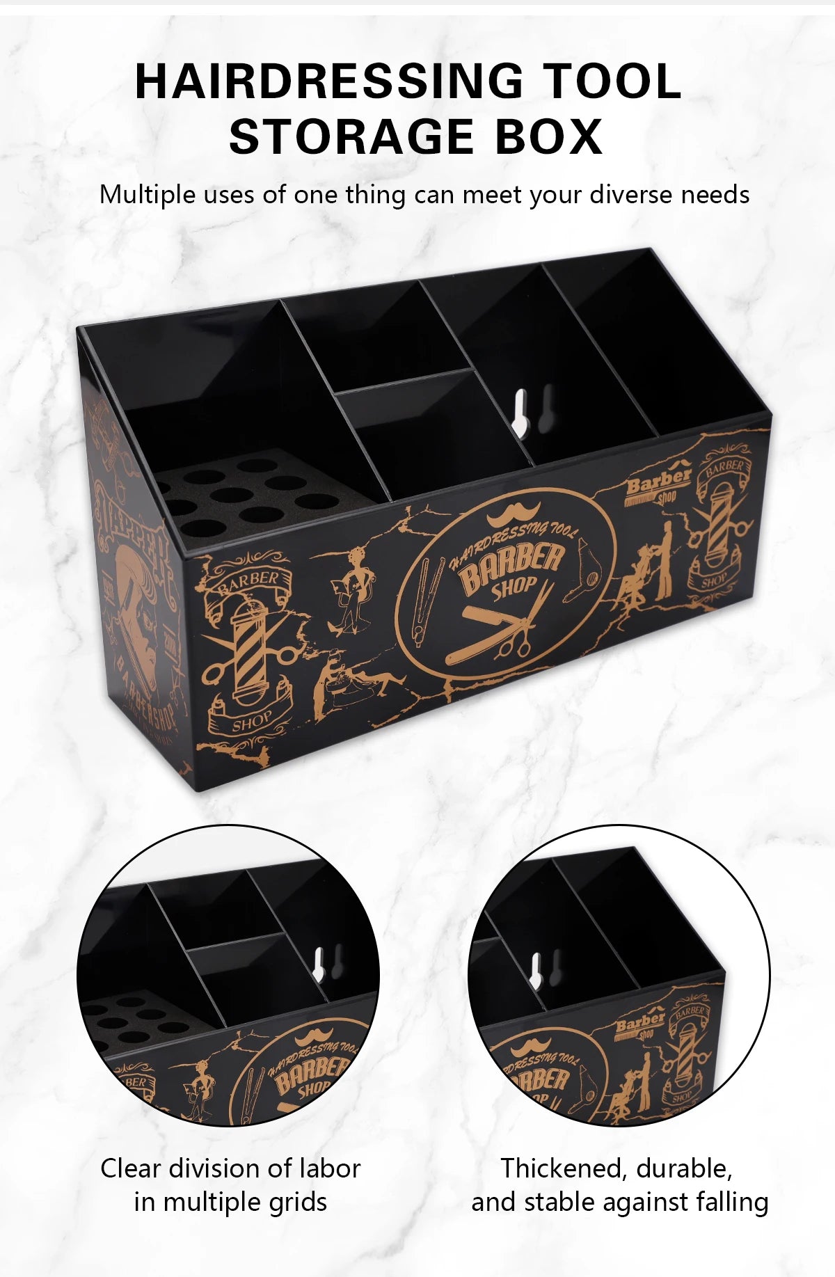 Black hairdressing tool storage box with multiple grids for organizing various tools
