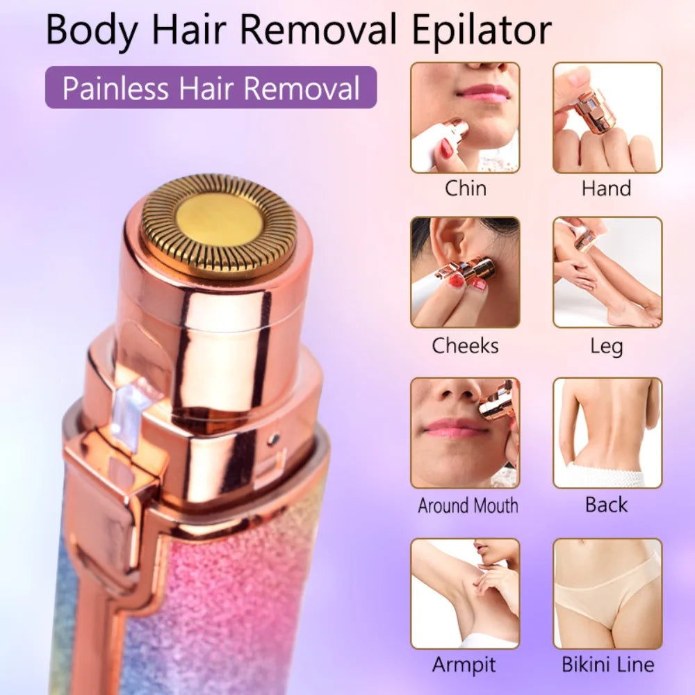 Primer plano de un dispositivo epilador para cuerpo color oro rosa con varios accesorios para barbilla, mejillas, piernas, bo