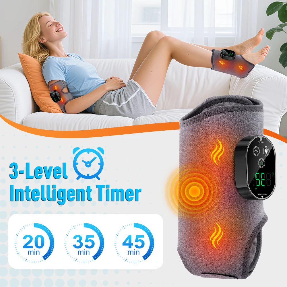 A woman is using a heated vibration foot ankle massager device on her leg while relaxing on a sofa.