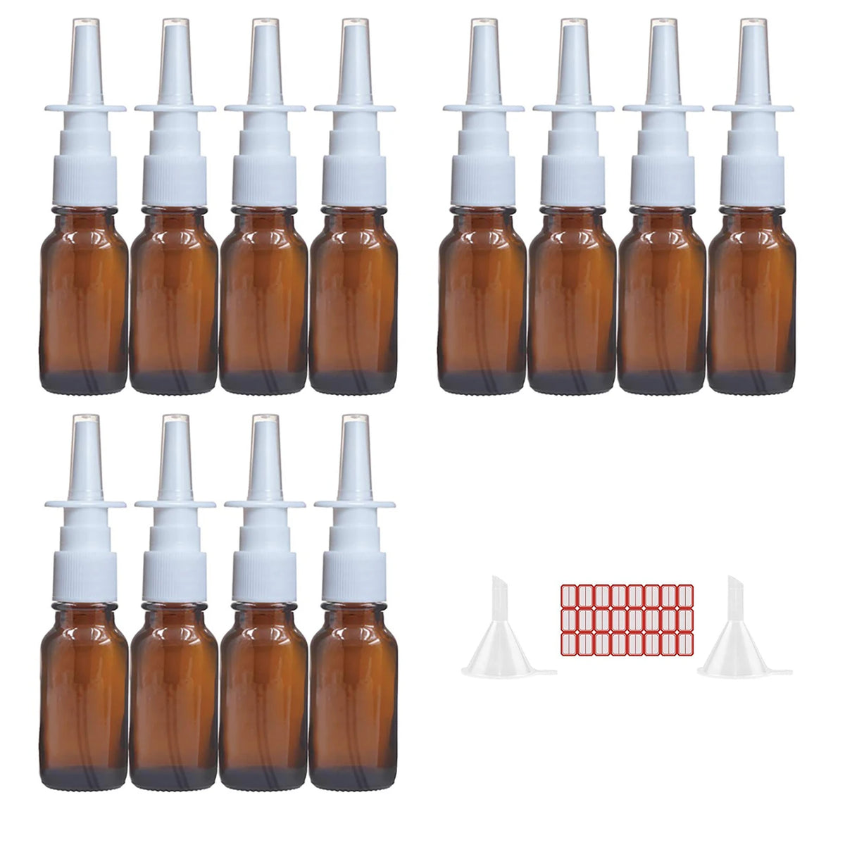A set of reusable amber glass nasal spray bottles with white droppers and caps.